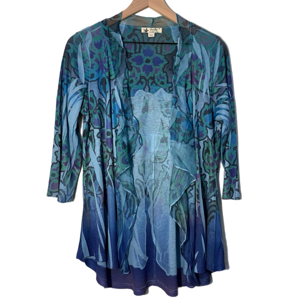 Unity World Wear Open Waterfall Cardigan Women’s Blue Green M.